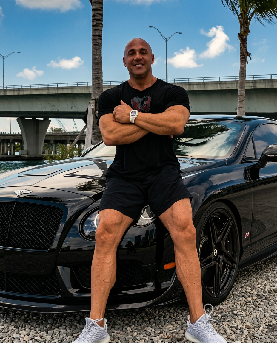 Owner of Big G Toys Miami with a blacked-out Bentley Continental GT on the Miami waterfront