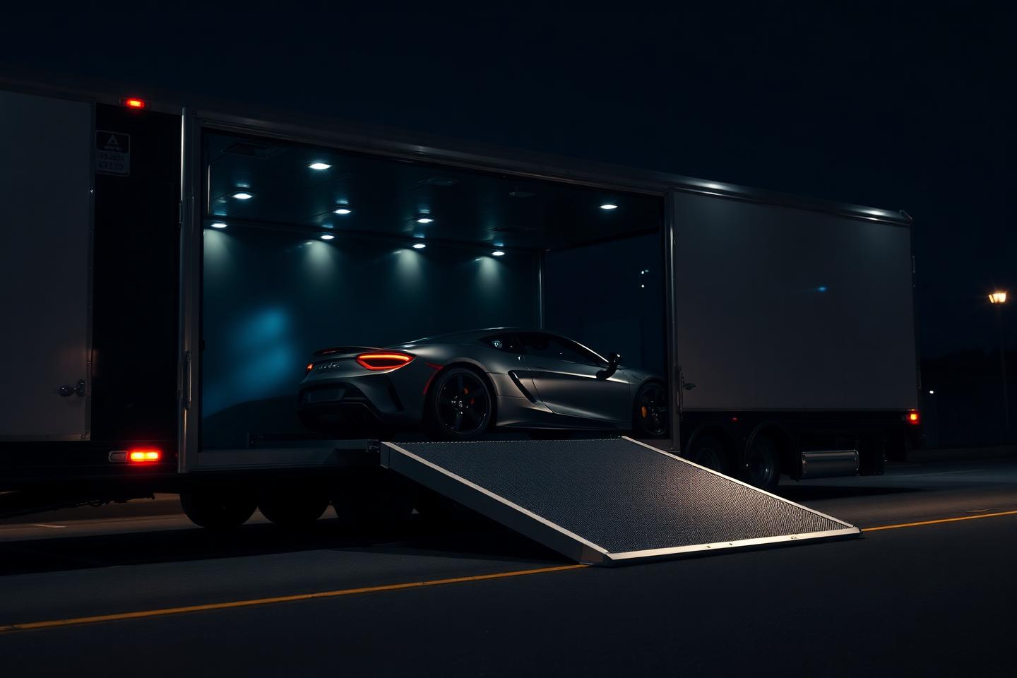 Enclosed luxury auto transport hauler loading an exotic car at night